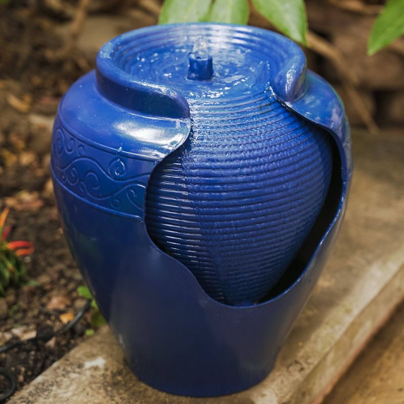 17" Round Outdoor Vase Fountain with Ridges and Waterfall Blue - XBrand