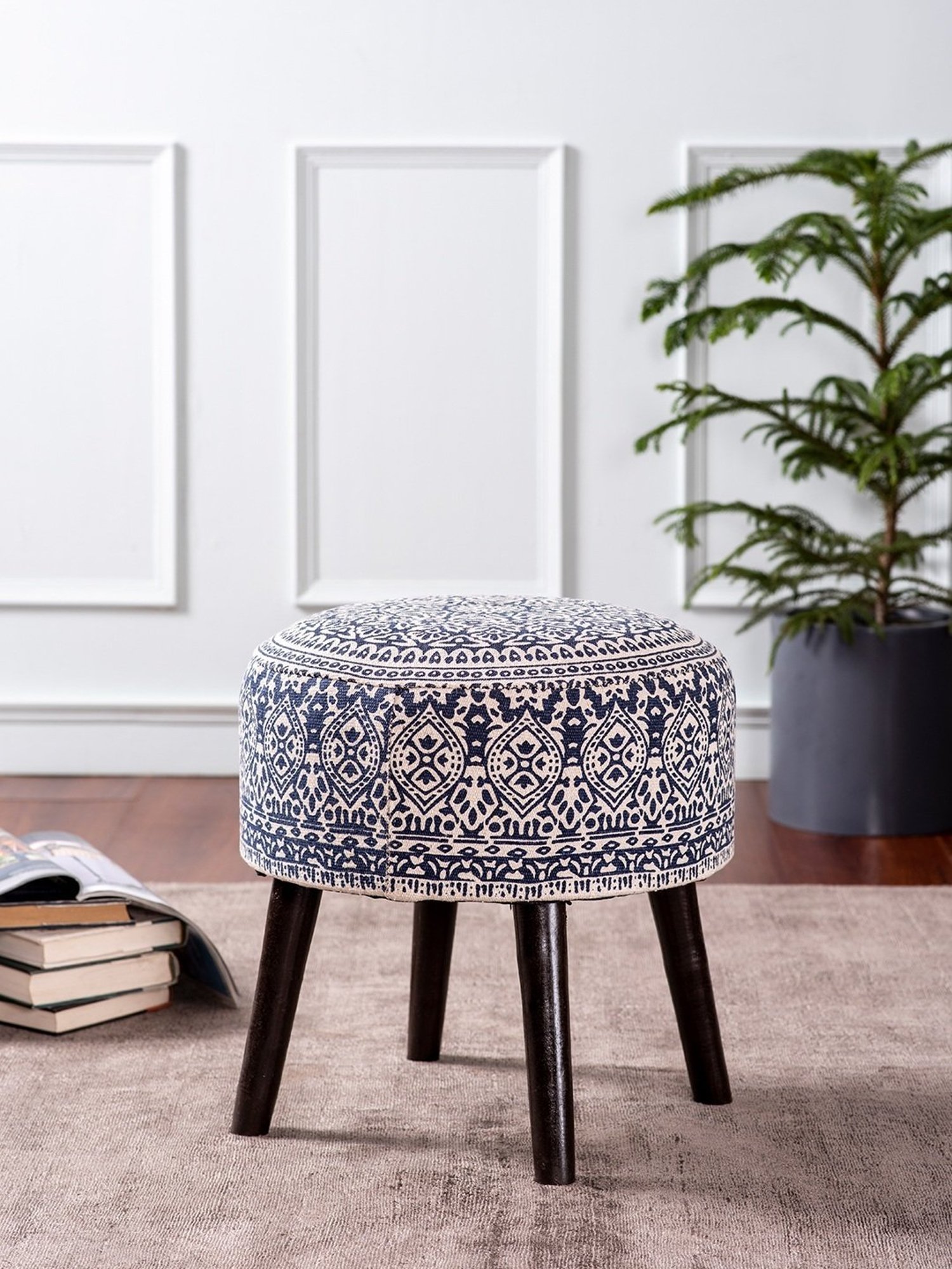 Chumbak French Sahara Solid Mustard Yellow Wood Ottoman