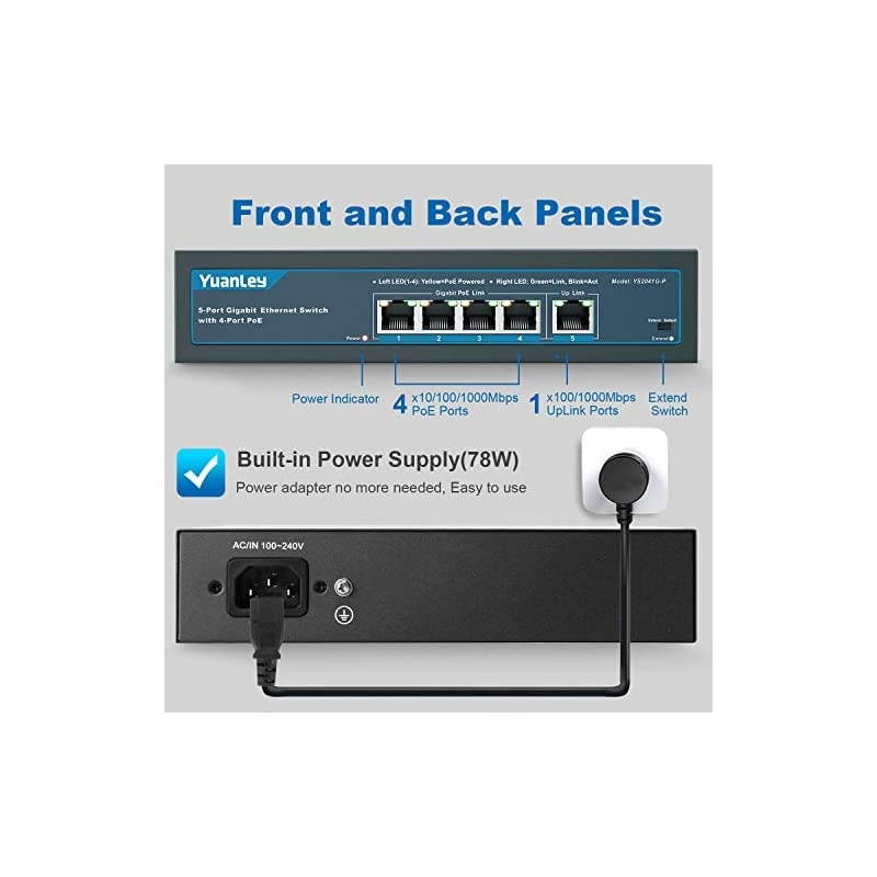 5 Port Gigabit PoE Switch with 4 Port PoE+ 1000Mbps 8023afat 78W Builtin Power Fanless Metal Unmanaged Plug Play