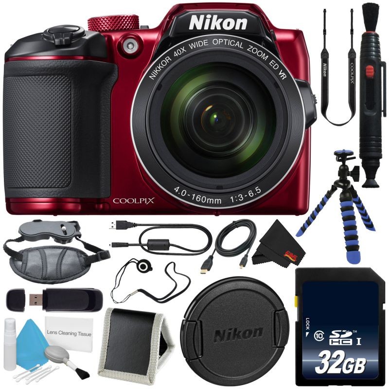 Nikon COOLPIX B500 Digital Camera (Red) 26508 (Intl Model)+ 32GB SDHC Class 10 Memory Card + Memory Card Wallet + Lens Pen Cleaner + Pro Hand Camera Grip + SD Card USB Reader Bundle