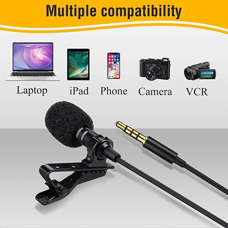 Lavalier Lapel Microphone 35 MM Shirt Mic Compatible iPhone iPad Mac Android Smartphones and Computer Clip on Microphone for YouTube Interview Studio Video Recording