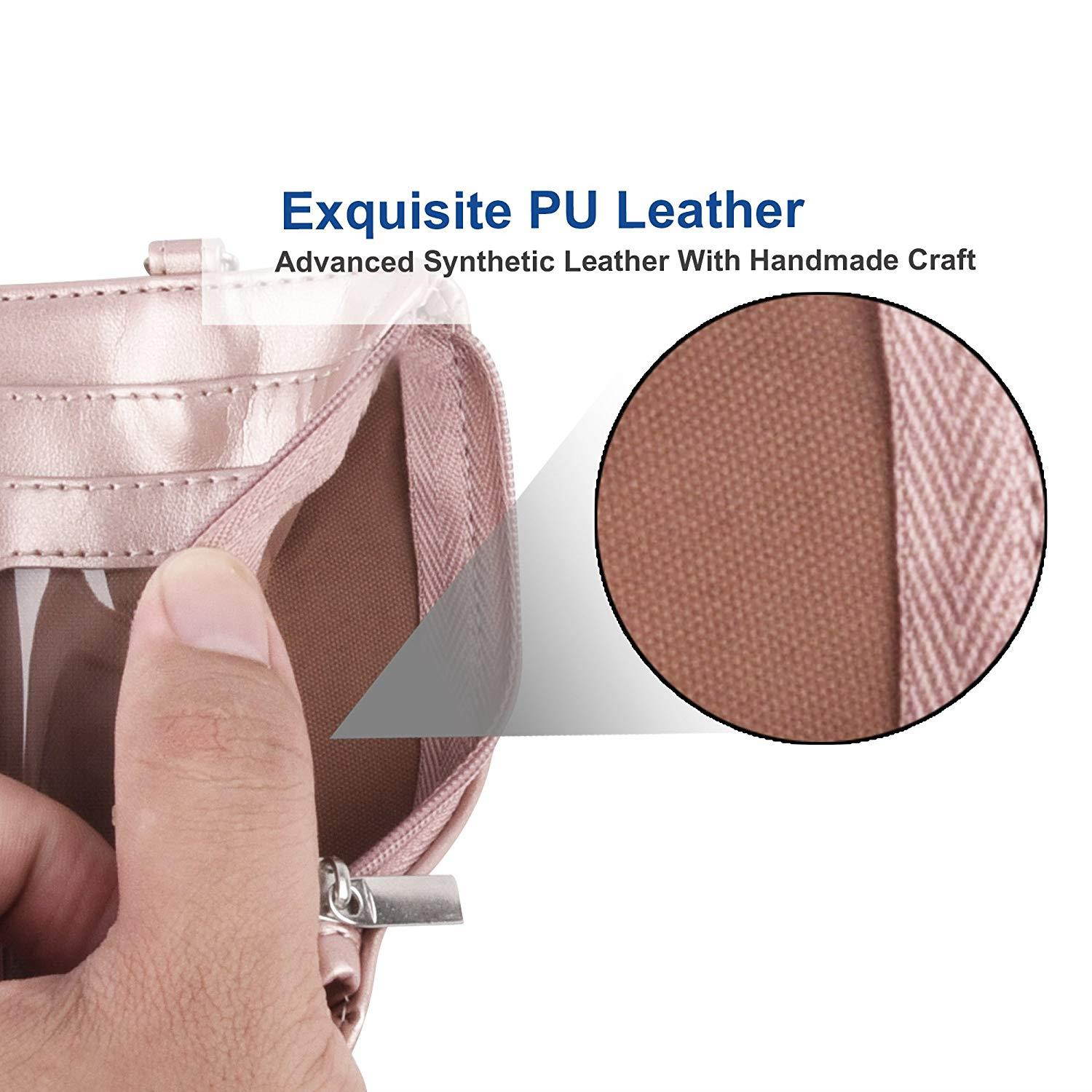 Badge Holder with Zipper, Arae PU Leather ID Badge Card Holder Wallet with [2 ID Window] Cash Pockets Credit Card Slots and Detachable Lanyard/Strap (Zipper-Vertical, Rose Gold)