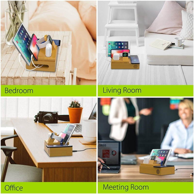 Bamboo 4 USB Ports Docking Station With Qi Wireless Charger Phone Holder Tablet Stand Watch Holder for Smart Phone Tablet Apple Watch Series
