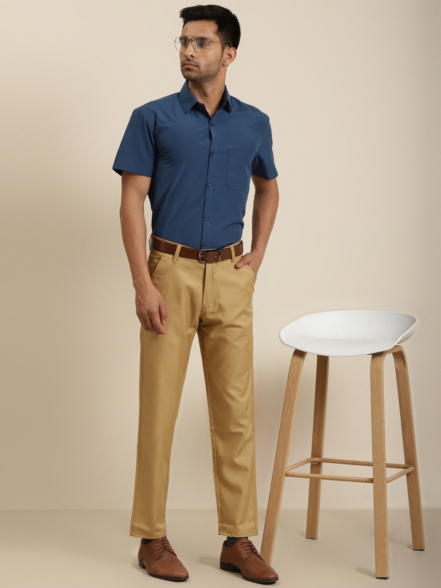 Sojanya Khaki Cotton Regular Slim Fit Flat Front Trousers