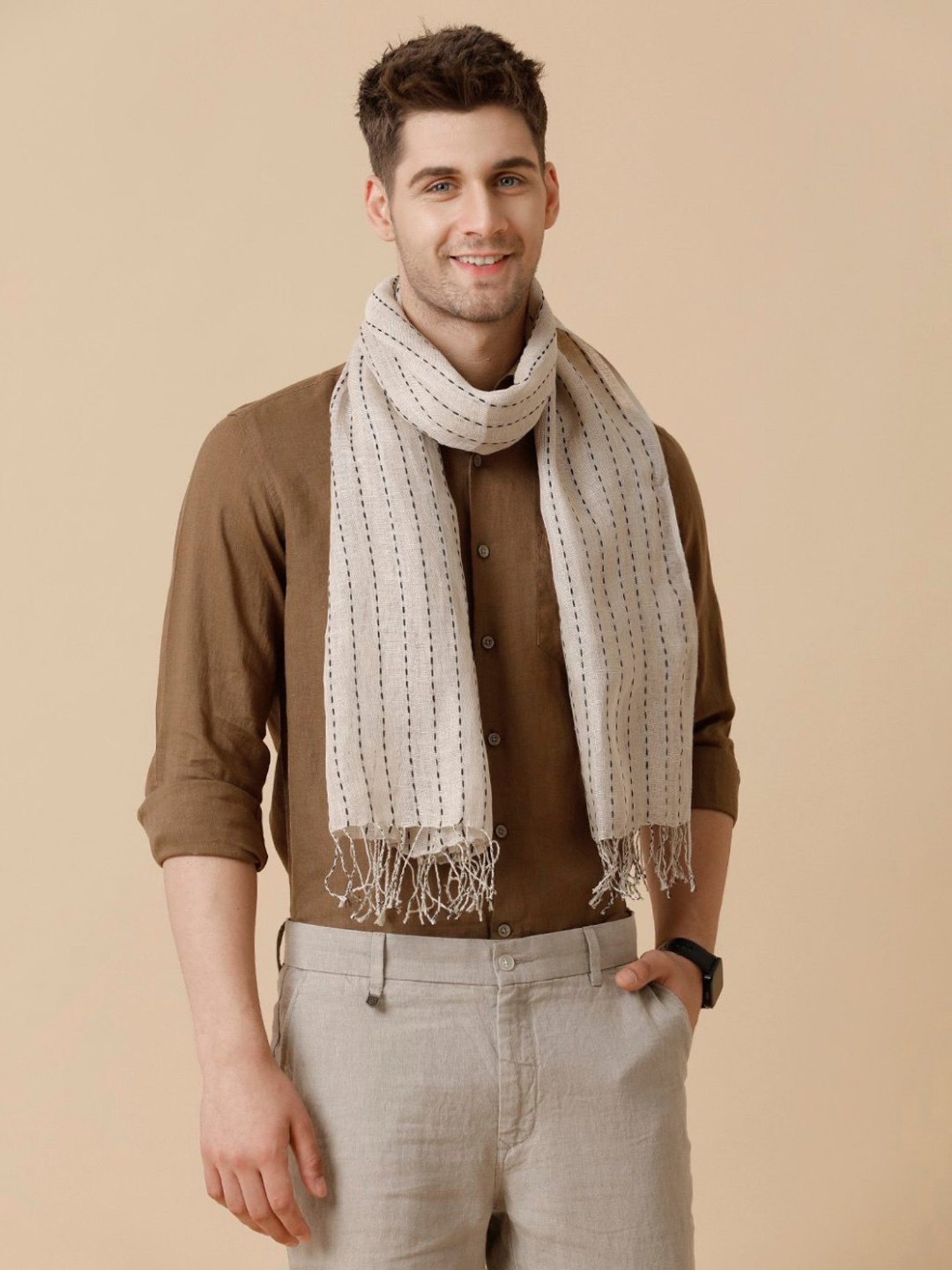 Linen Club Beige Striped Stole