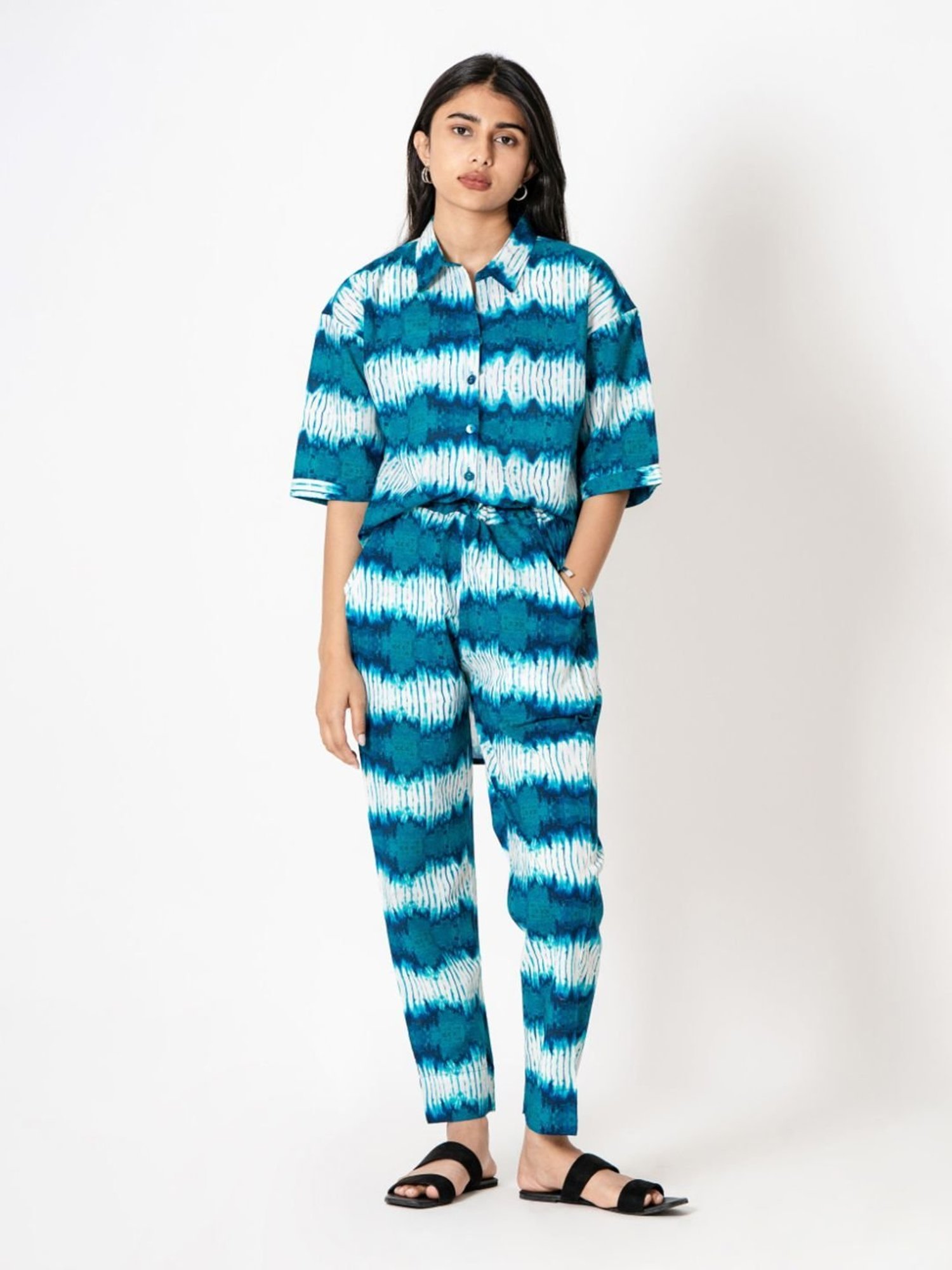 Kameez by Pooja White & Turquoise Blue Capsule 24 Digital Print Cotton Shirt and Pant Co-ord Set