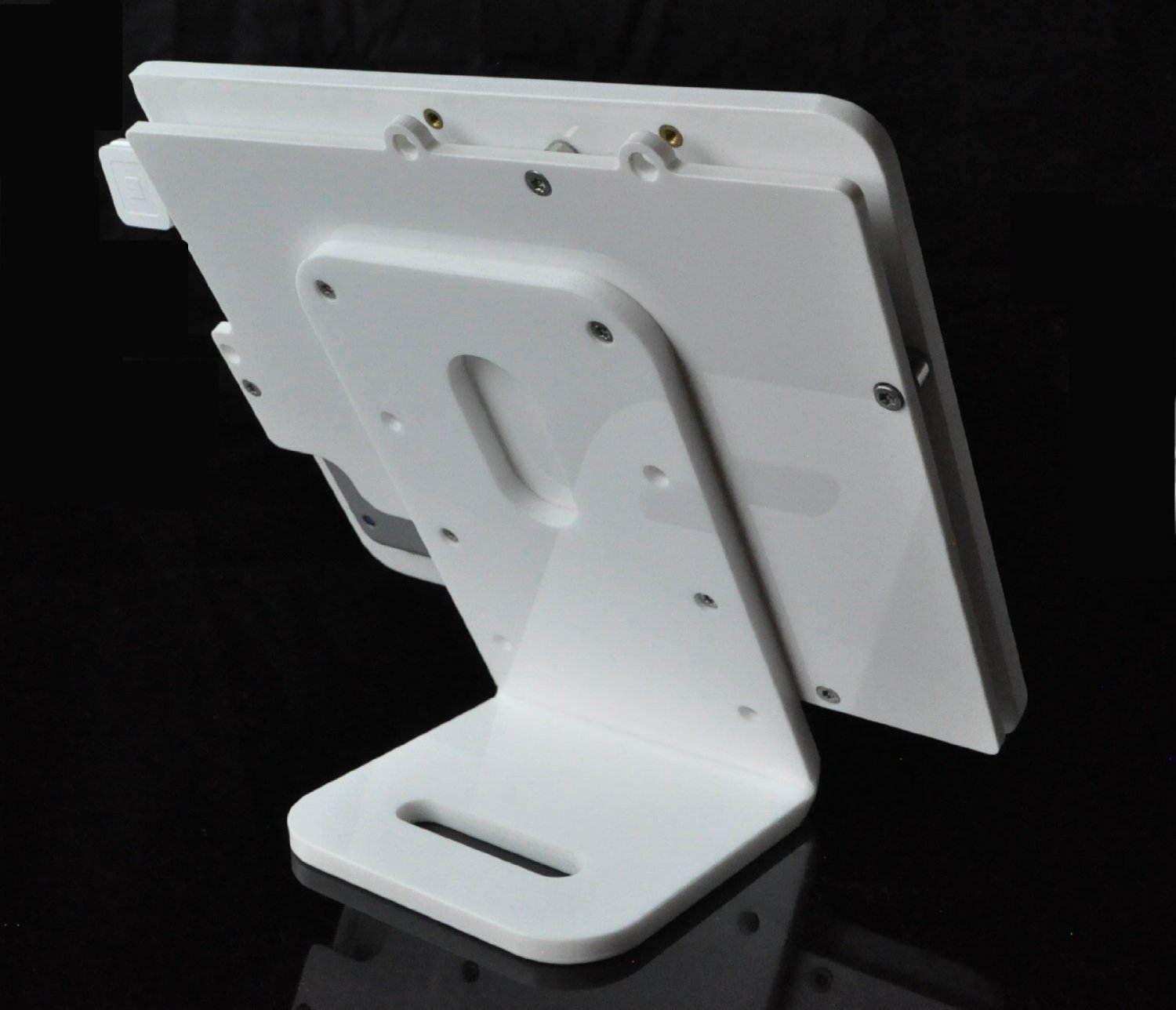 iPad 2/3/4 VESA Secureity Enclosure with Desktop Mount Stand, White Acrlyic material for POS, Kiosk, Store Display, Show Display, Square Card Reader