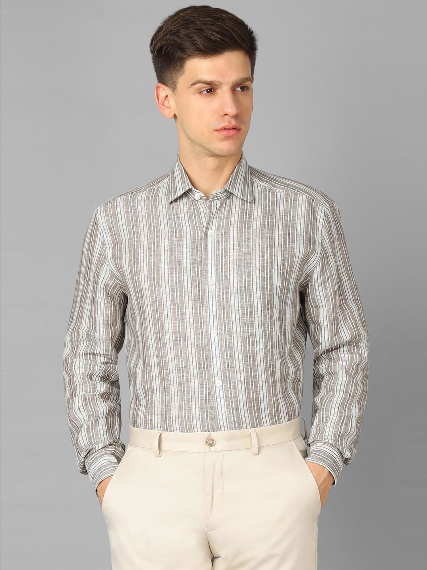Luxure By Louis Philippe Grey Linen Regular Fit Striped Shirt