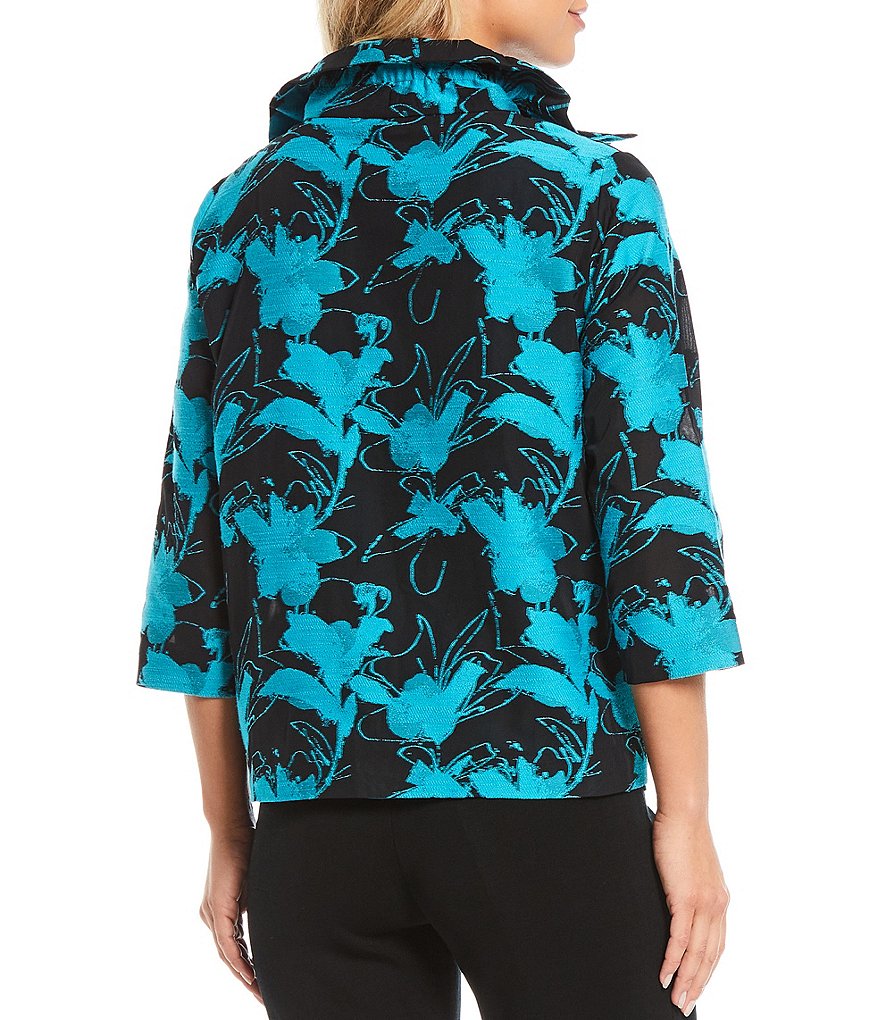 Ming Wang 3/4 Sleeve Puff Collar Open Front Floral Jacket