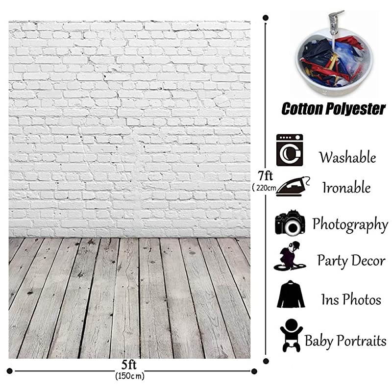White Brick Wall with Gray Wooden Floor Photography Backdrop Vinyl Background for Pictures D-2504 (5x7ft(CottonPolyester))