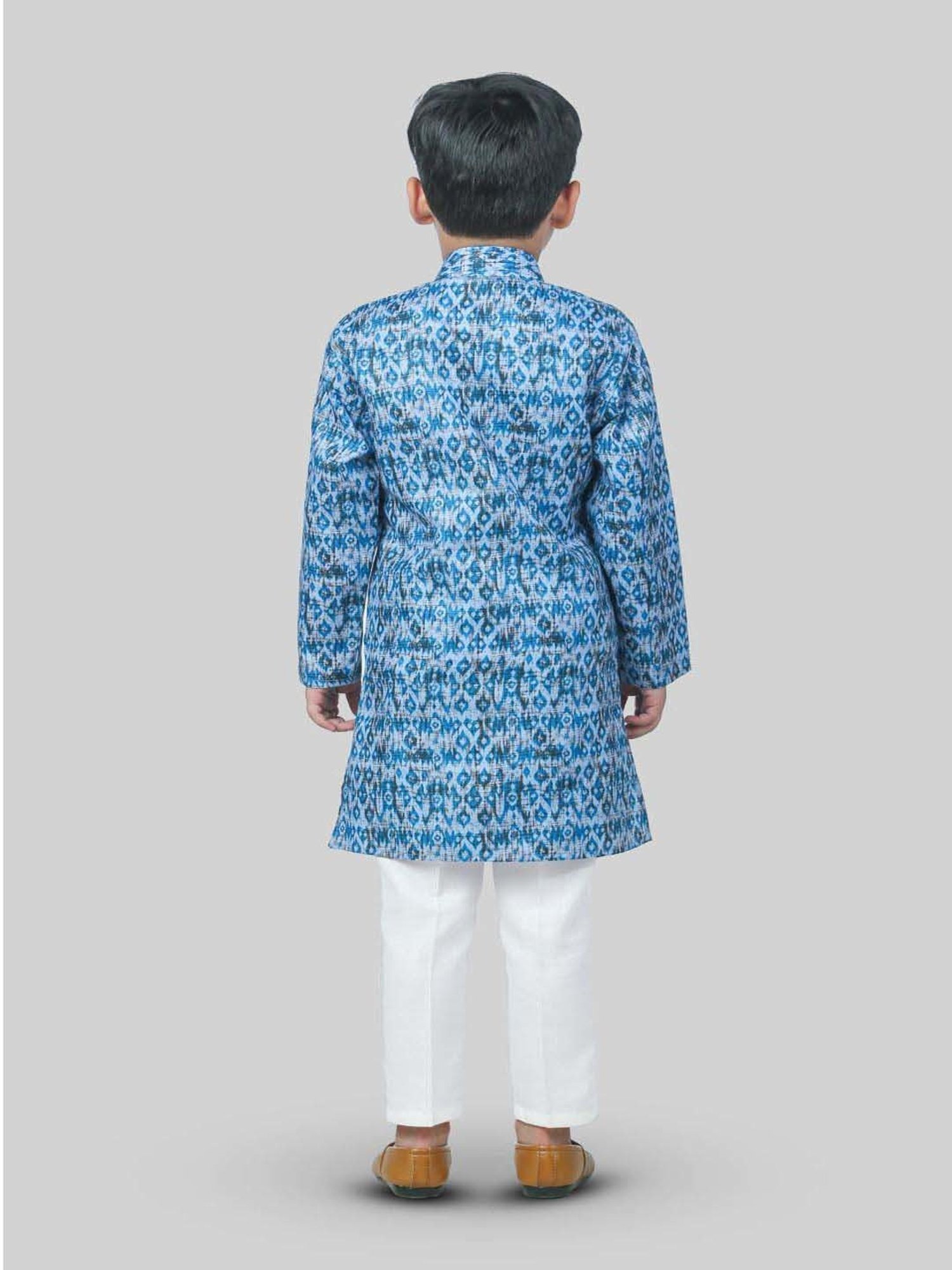 Ahhaaaa Kids Blue & White Cotton Handloom Full Sleeves Kurta Set