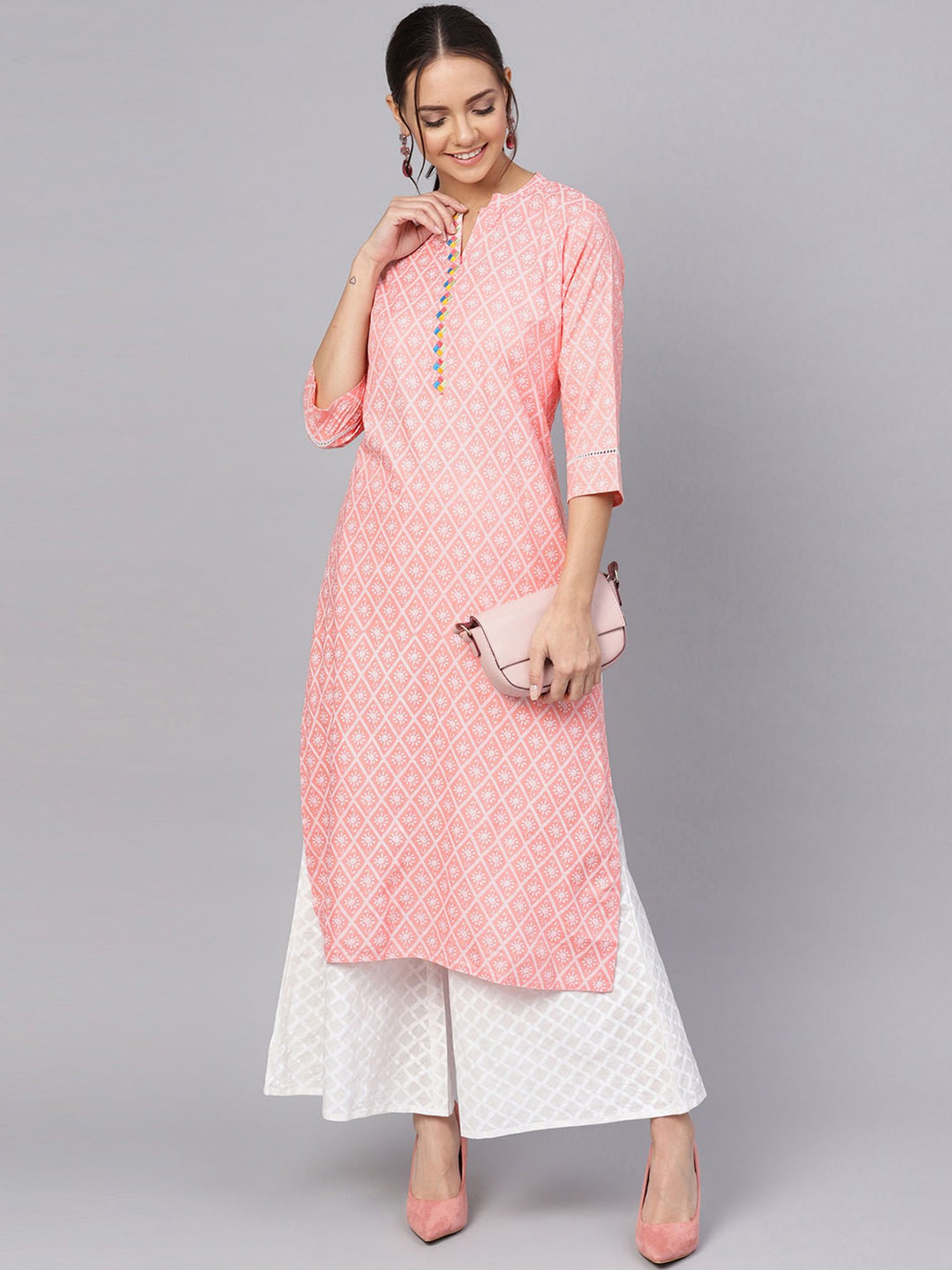Anubhutee Peach & White Printed Kurta Palazzo Set