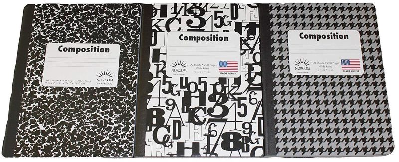 (Bundle Pack of 3) Black, White, and Gray "Wide Ruled" Composition Notebooks (One of Each Style) &ndash; Abstract, Houndstooth & Alphabet Styles