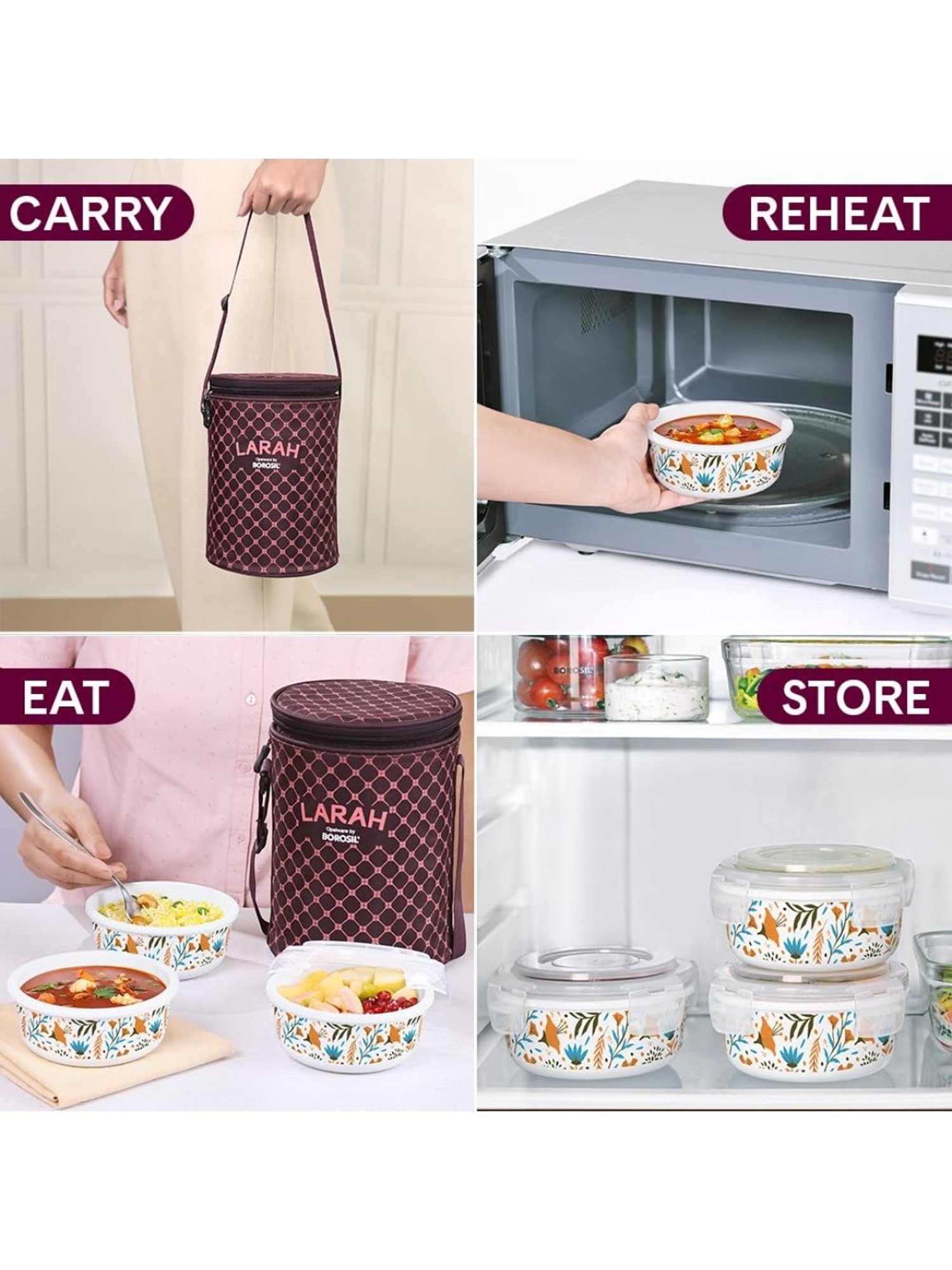 Larah by Borosil Blue Opalware Lunch Box with Lunch Bag