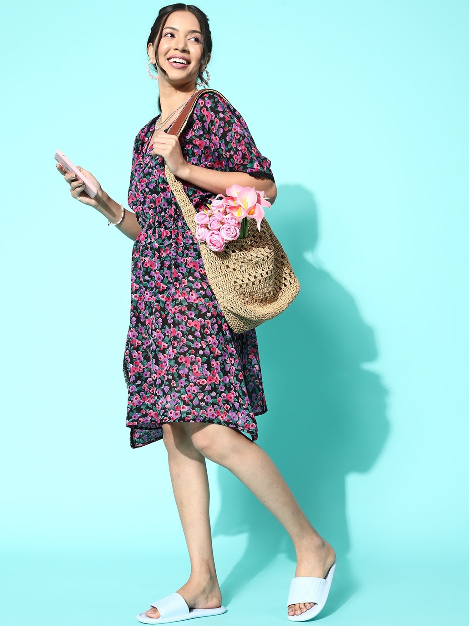 Erotissch Purple Floral Print Beachwear Kaftan