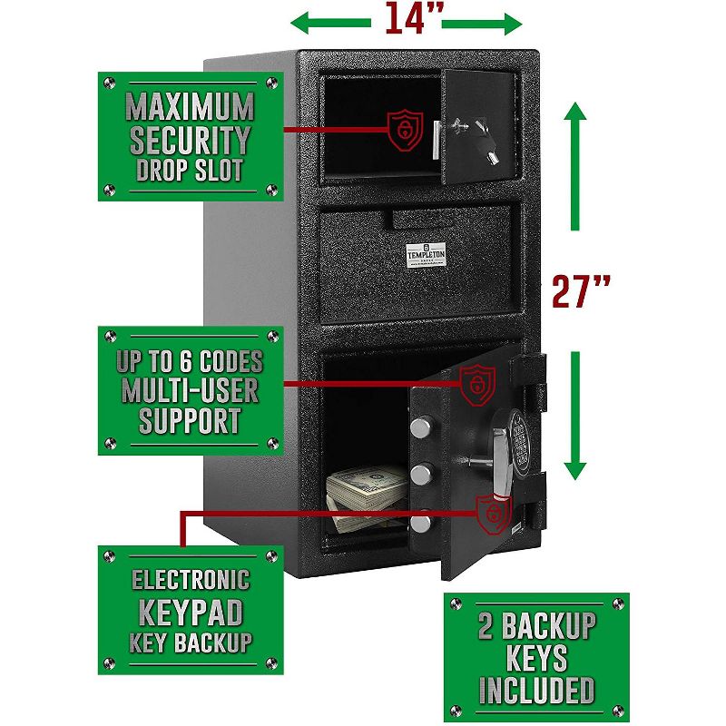 Templeton Safes Standard Depository Drop Safe & Lock Box, Electronic Multi-User Keypad Lock with Key Backup, Anti Fishing Security, 1.5 CBF Black