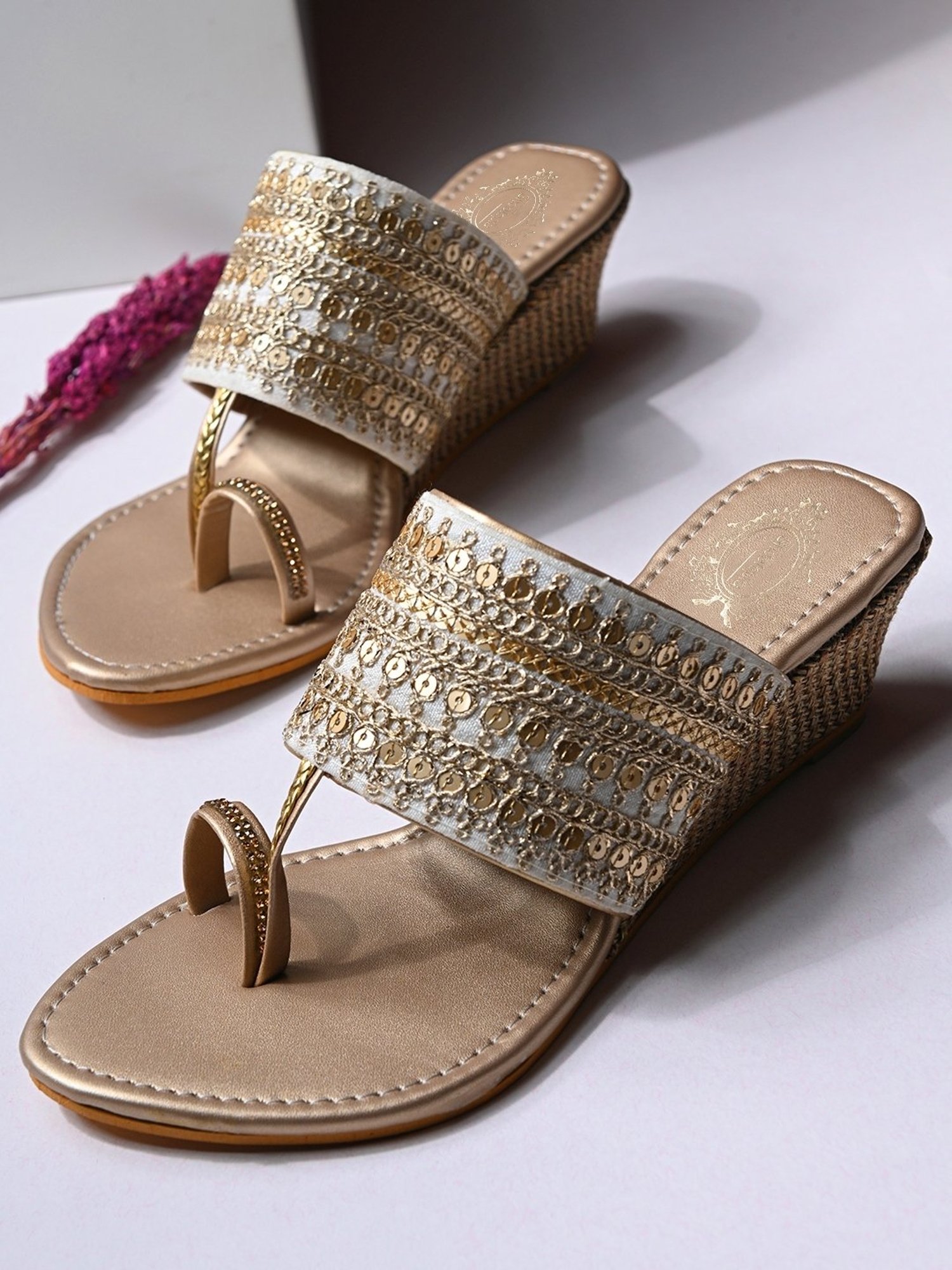 Shoetopia Women's Gold Toe Ring Wedges