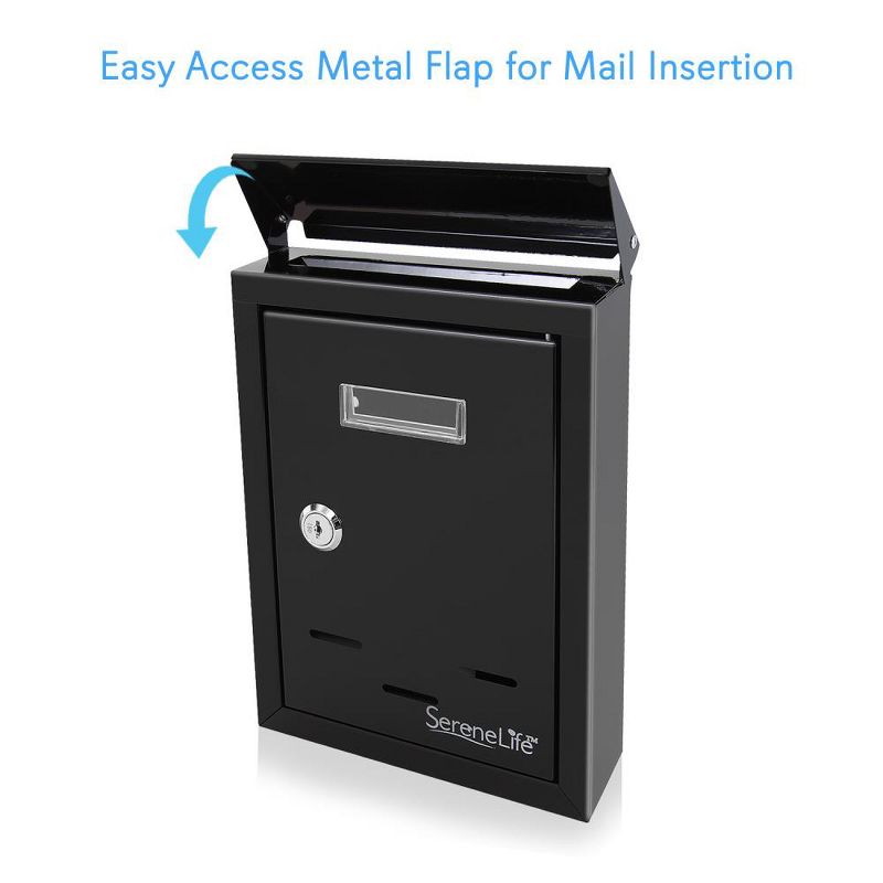 SereneLife SLMAB24 Home Indoor Outdoor Galvanized Steel Metal Wall Mount Secure Locking Mailbox Magazine Newspaper Holder with Keys, Black