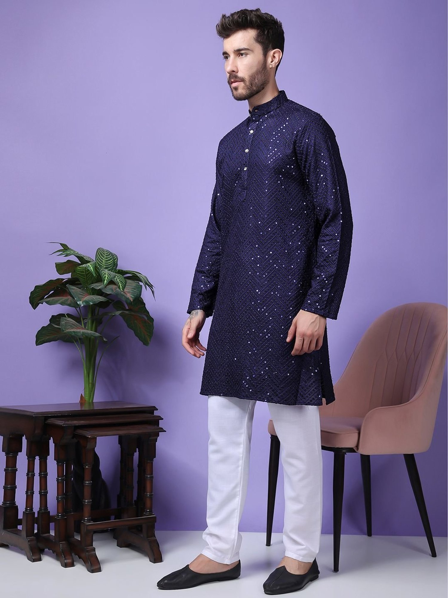 Hangup Navy Blue & White Regular Fit Embellished Kurta Bottom Set