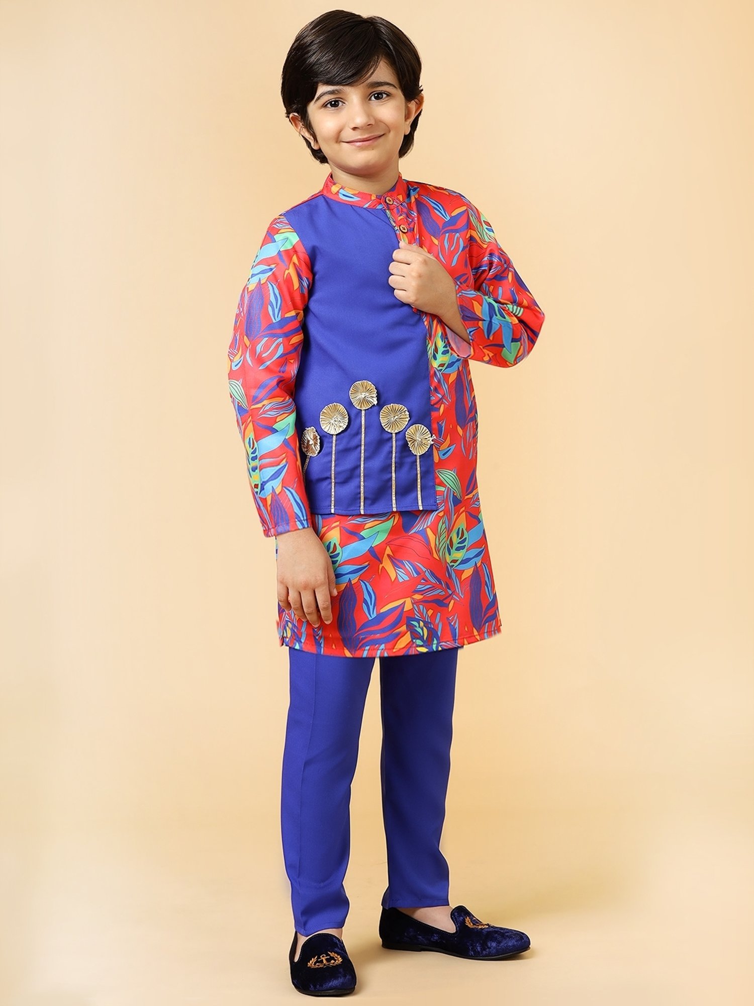 A.T.U.N. Kids Red and Blue Printed Kurta Set