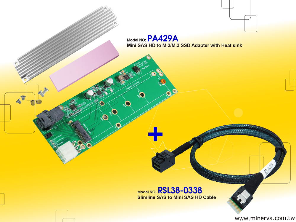 Innocard Mini SAS HD to M.2 / M.3 (NF1) Adapter with SSD heat sink with Mini SAS HD (SFF-8643) to Slimline SAS (SFF-8654) Cable KIT