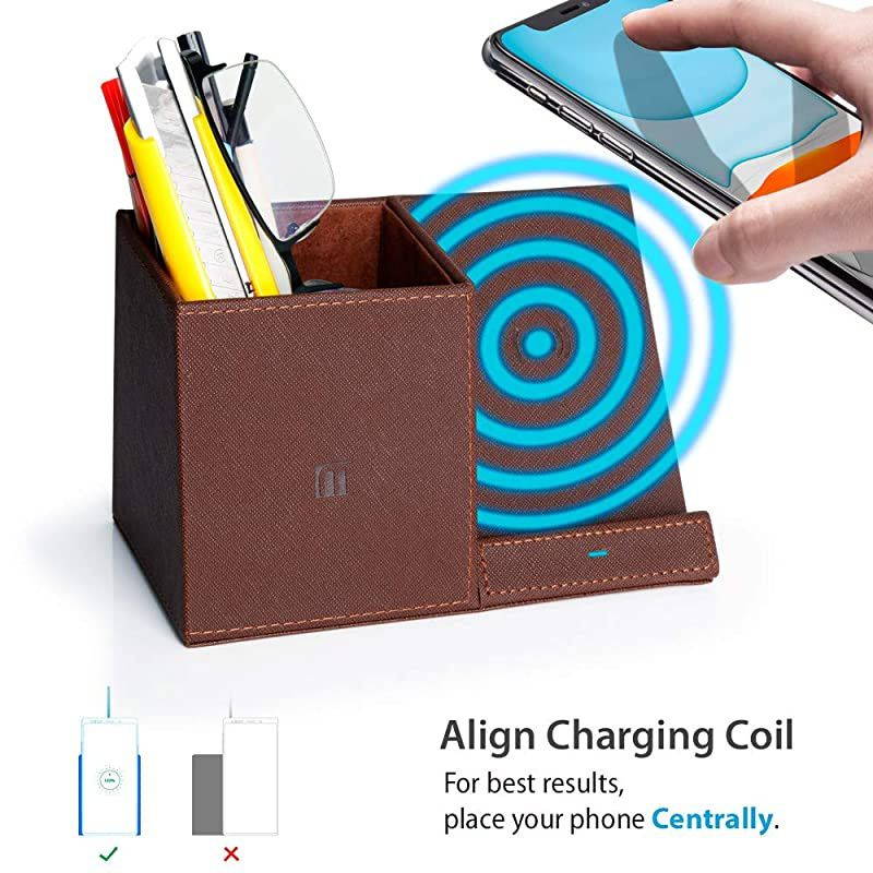 10W Fast Wireless Charger Pencil Pen Holder Desk Stand Organizer,Compatible iPhone SE/11/11 Pro/11 Pro Max/XS/XS Max/XR/X/8 Plus,Samsung Galaxy S20 S10 S9 S8 S7 Edge Note 10+/9/8 Brown