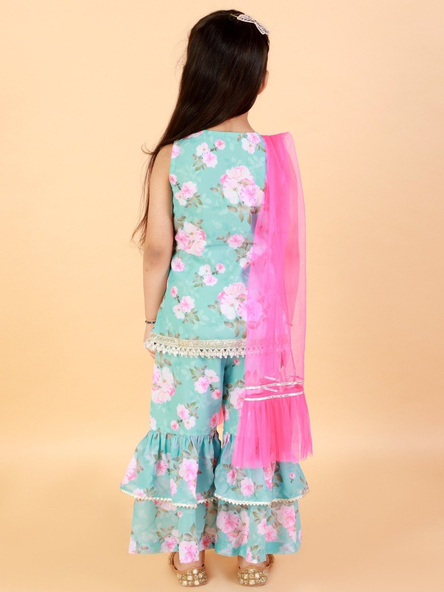 Lil Drama Kids Blue & Pink Cotton Floral Print Kurta Set