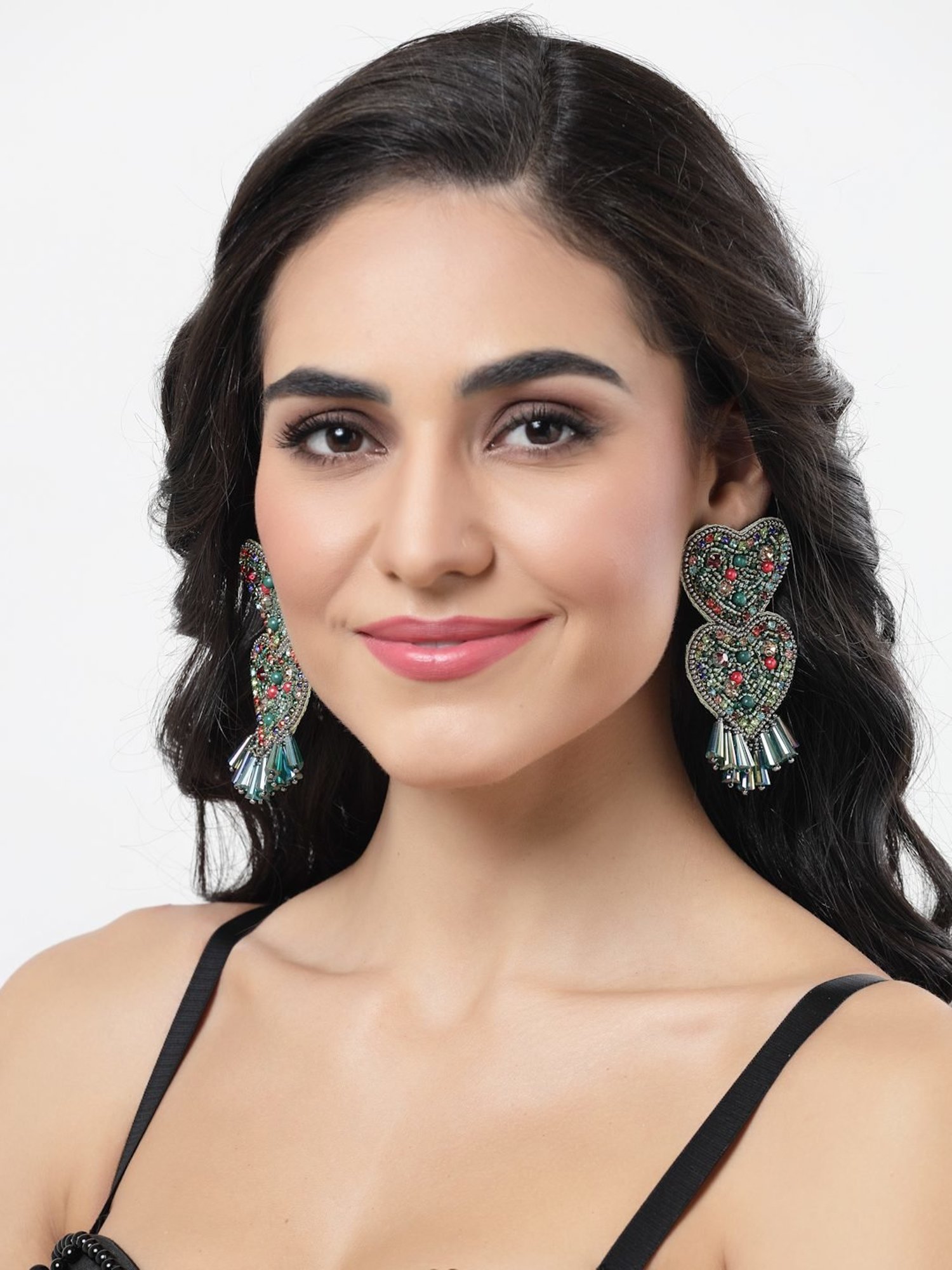 Moedbuille Handcrafted Sequins Beads and Crystals Heart Shape Silver Plated Tassel Earrings