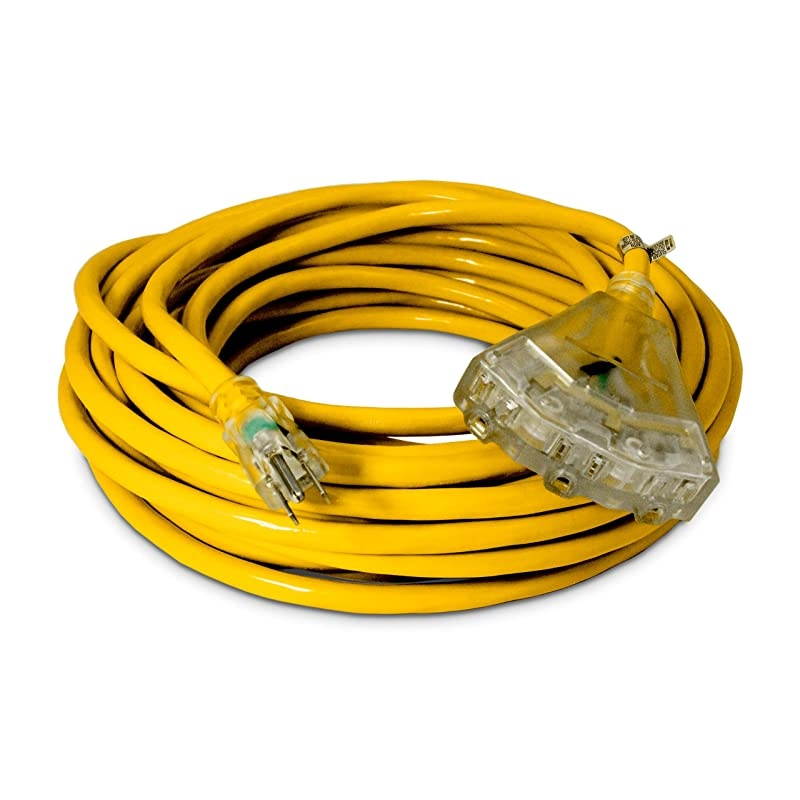 50ft 123 Heavy Duty 3Outlet Lighted SJTW IndoorOutdoor Extension Cord by Yellow 50 12Gauge Grounded 15Amp ThreeProng PowerCord 50 foot 12Awg