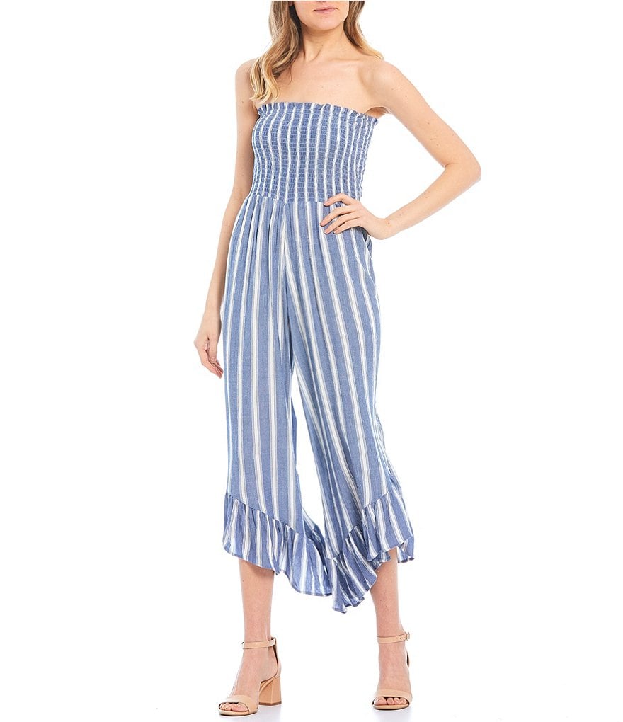 Angie Striped Strapless Smocked Bodice Ruffled Hem Jumpsuit