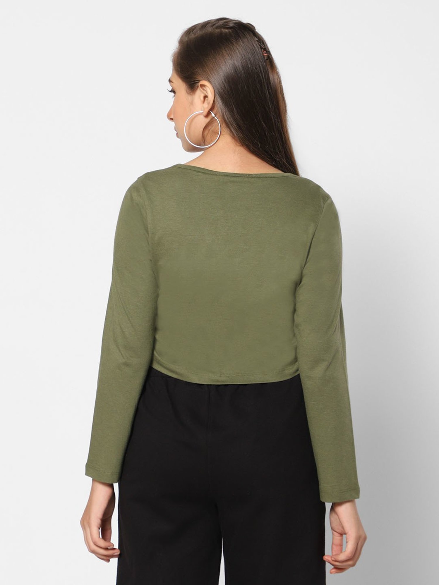 TeenTrums Girls Olive Solid Full Sleeves Crop Top