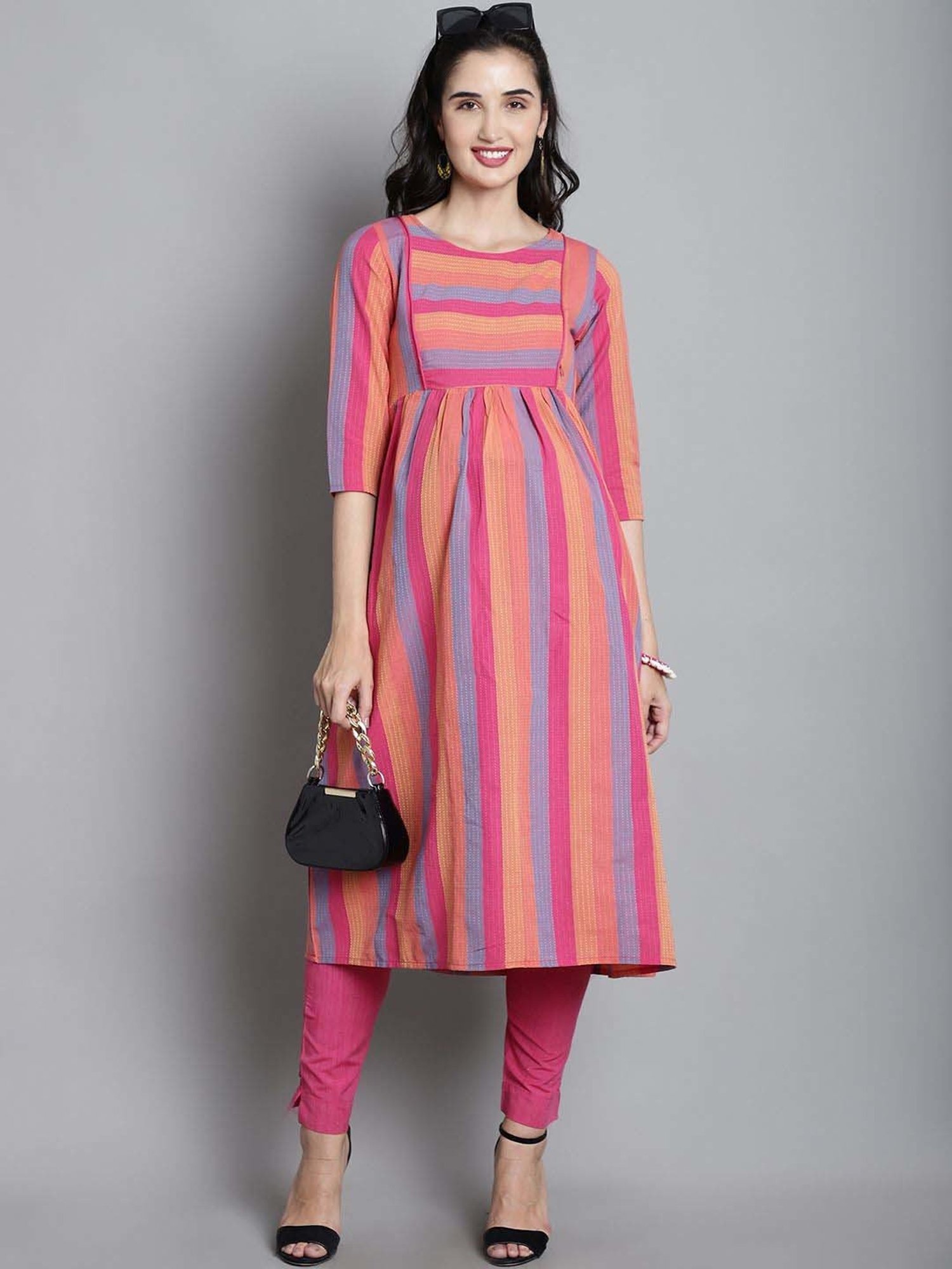 Moms Maternity Pink Cotton Striped Maternity Kurta Pants Set
