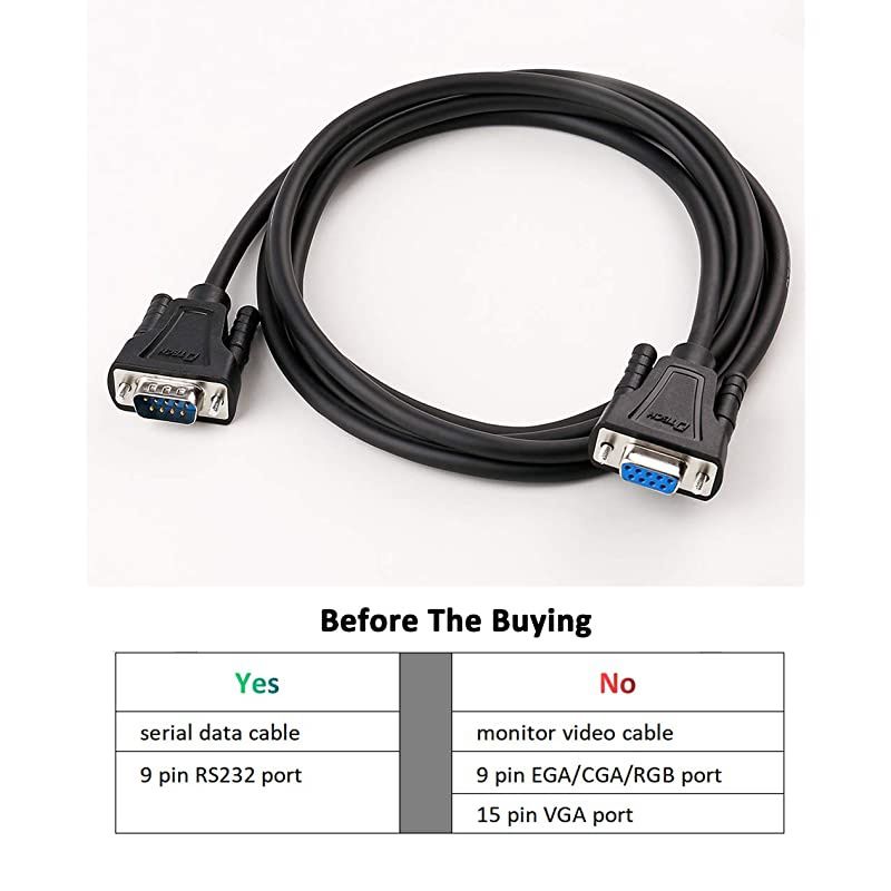 DB9 RS232 Serial Cable Male to Female Extension Null Modem Cord Cross TX RX line for Data Communication (10 Feet, Black)