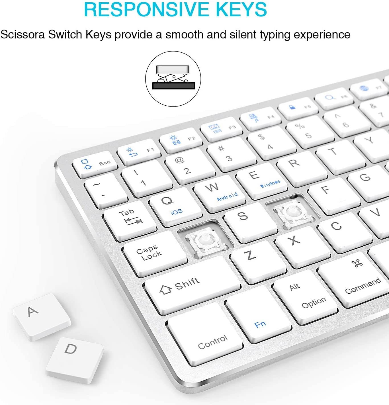 Bluetooth Keyboard, Rechargeable Portable BT Wireless Keyboard with Number Pad Full Size Design for Laptop Desktop PC Tablet, Windows iOS Android (Silver)