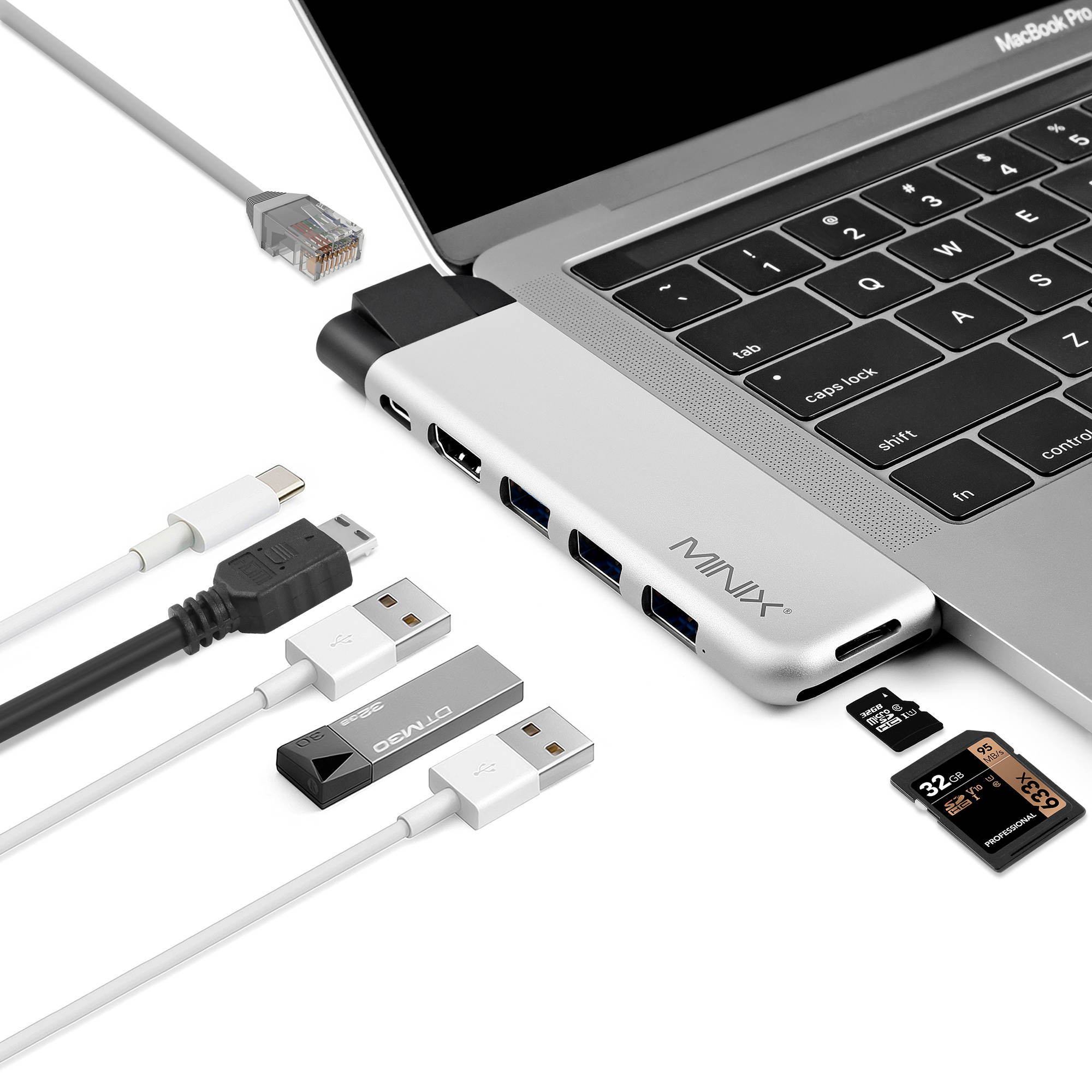 MINIX NEO C-D Pro &nbsp;Aluminum USB C multiport Adapter for Apple Macbook and Macbook Pro USB 3.0 Ports*3, 4K HDMI Ports, Gigabit Ethernet LAN,SD/micro SD Card Reader,USB-C Charging  Gray/Silver