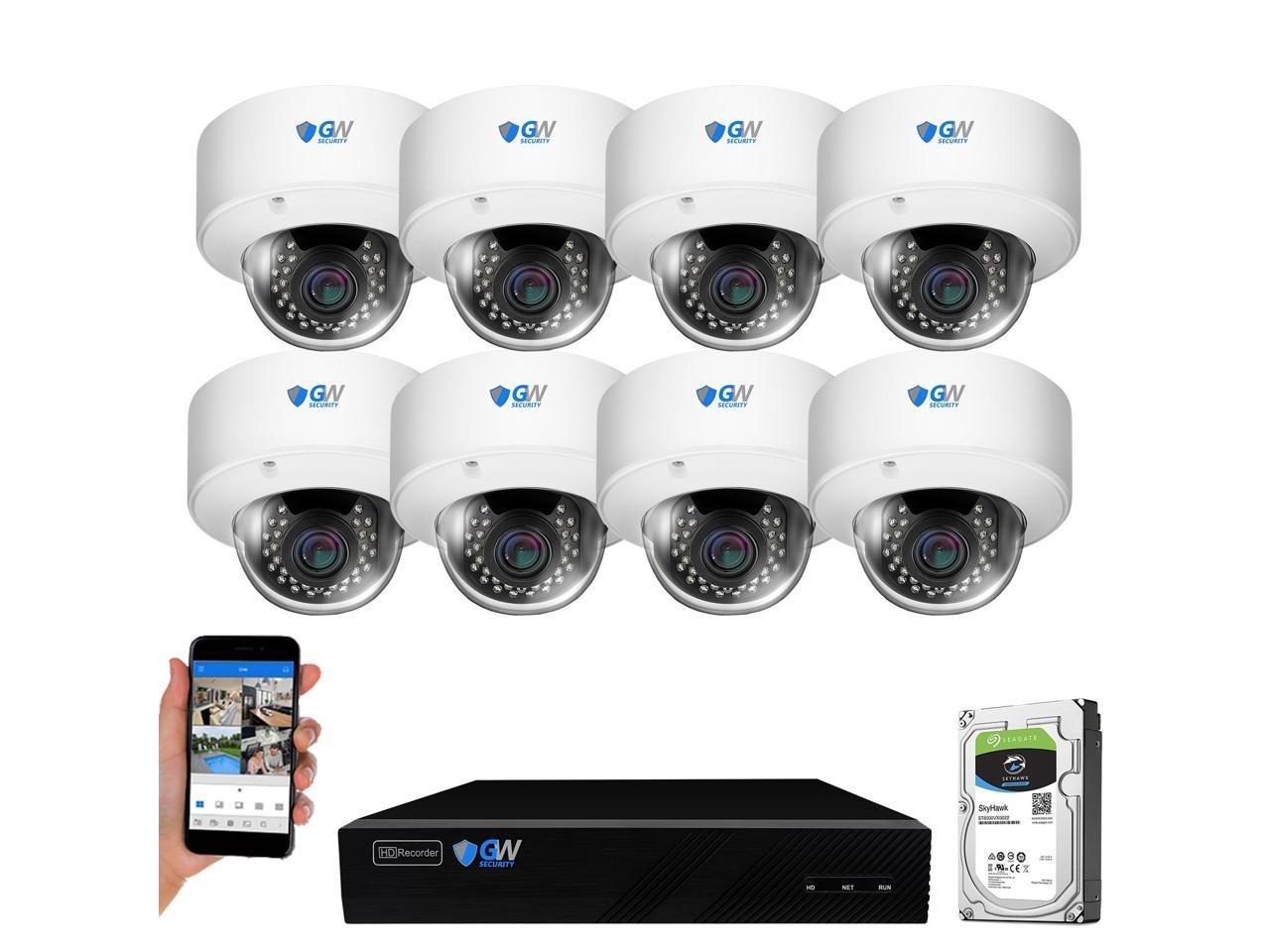 GW 8CH H.265 4K NVR 5MP PoE IP Security Camera System (8)x 1920P 2.8~12mm Varifocal Lens 100 Feet Night Vision Vandal Proof Water Proof Motion Detective QR-Code Scan Smartphone View (4TB HDD)