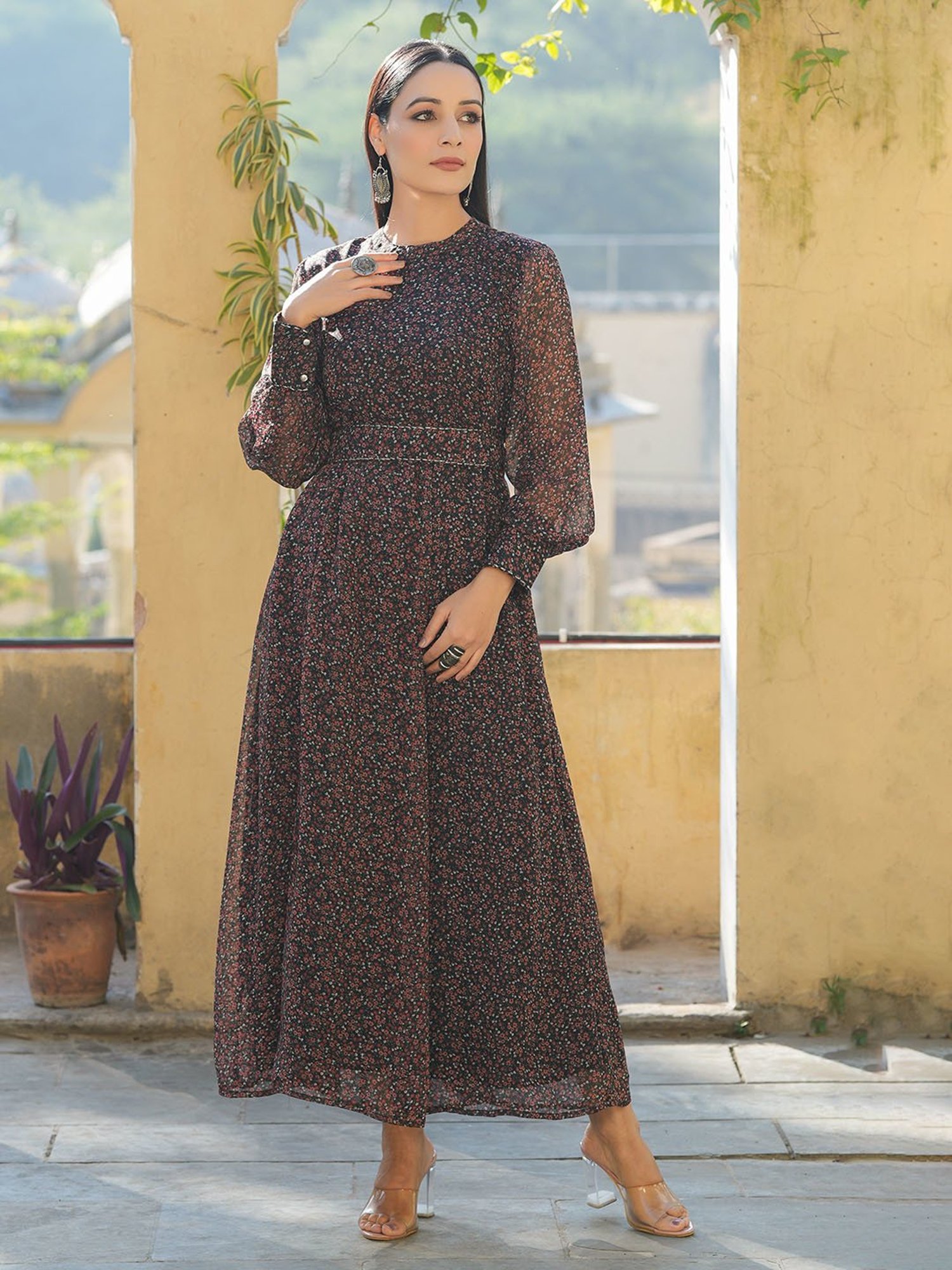 Juniper Black Floral Printed Chiffon Flared Maxi Dress With Buttons