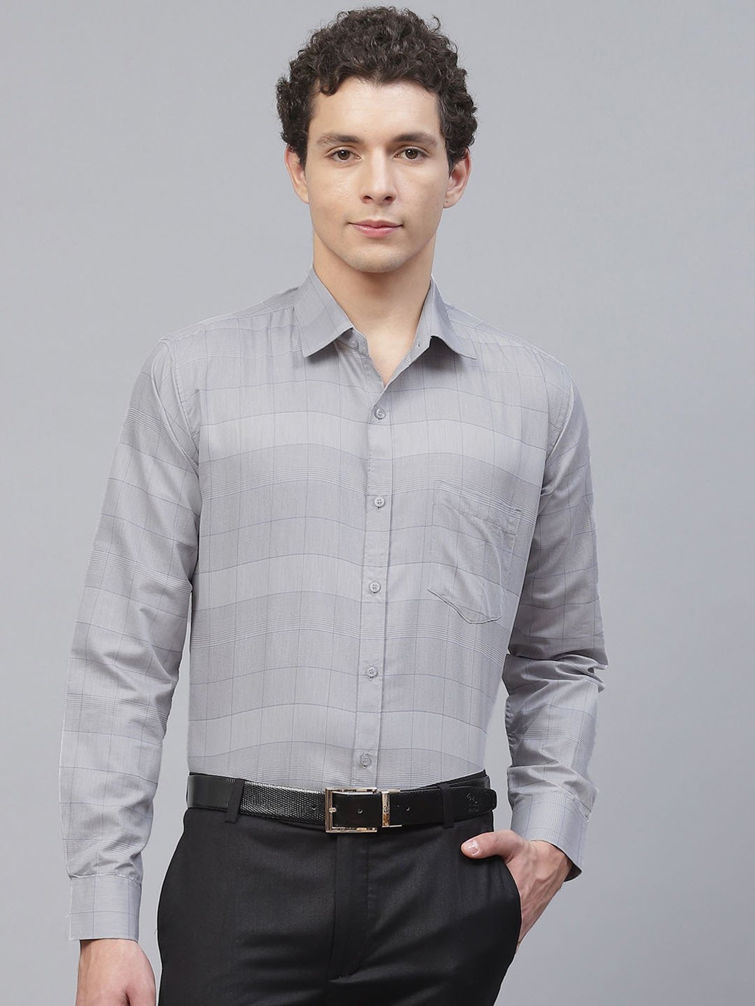 ManQ Grey Regular Fit Checks Shirt