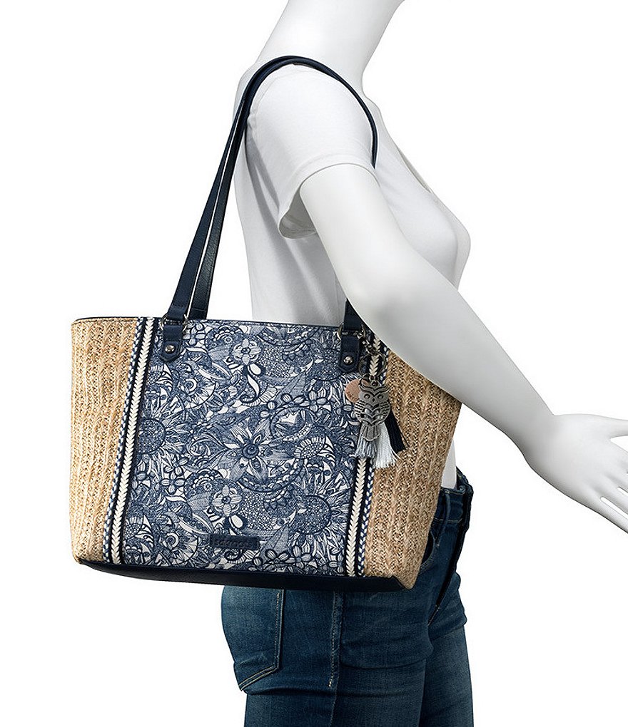 Sakroots Meadow Medium Zip Top Floral Canvas Straw Tote