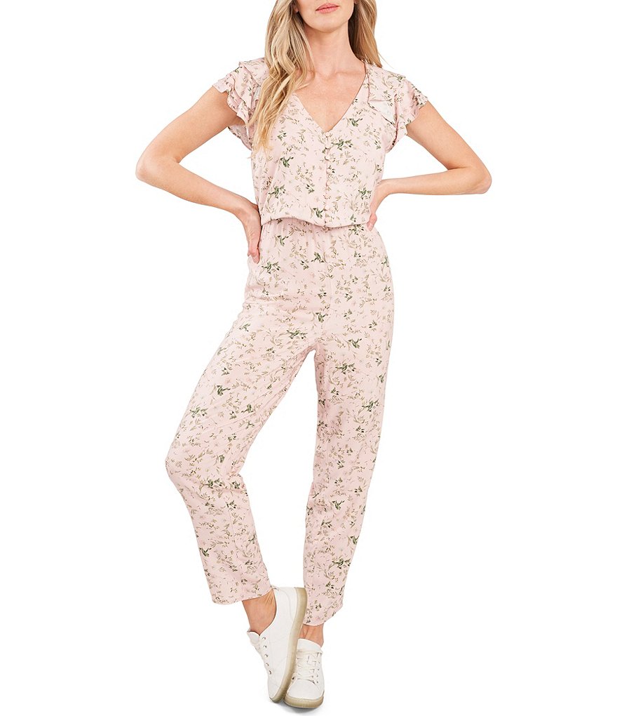 CeCe Cap Sleeve V-Neck Floral Print Ankle Length Jumpsuit