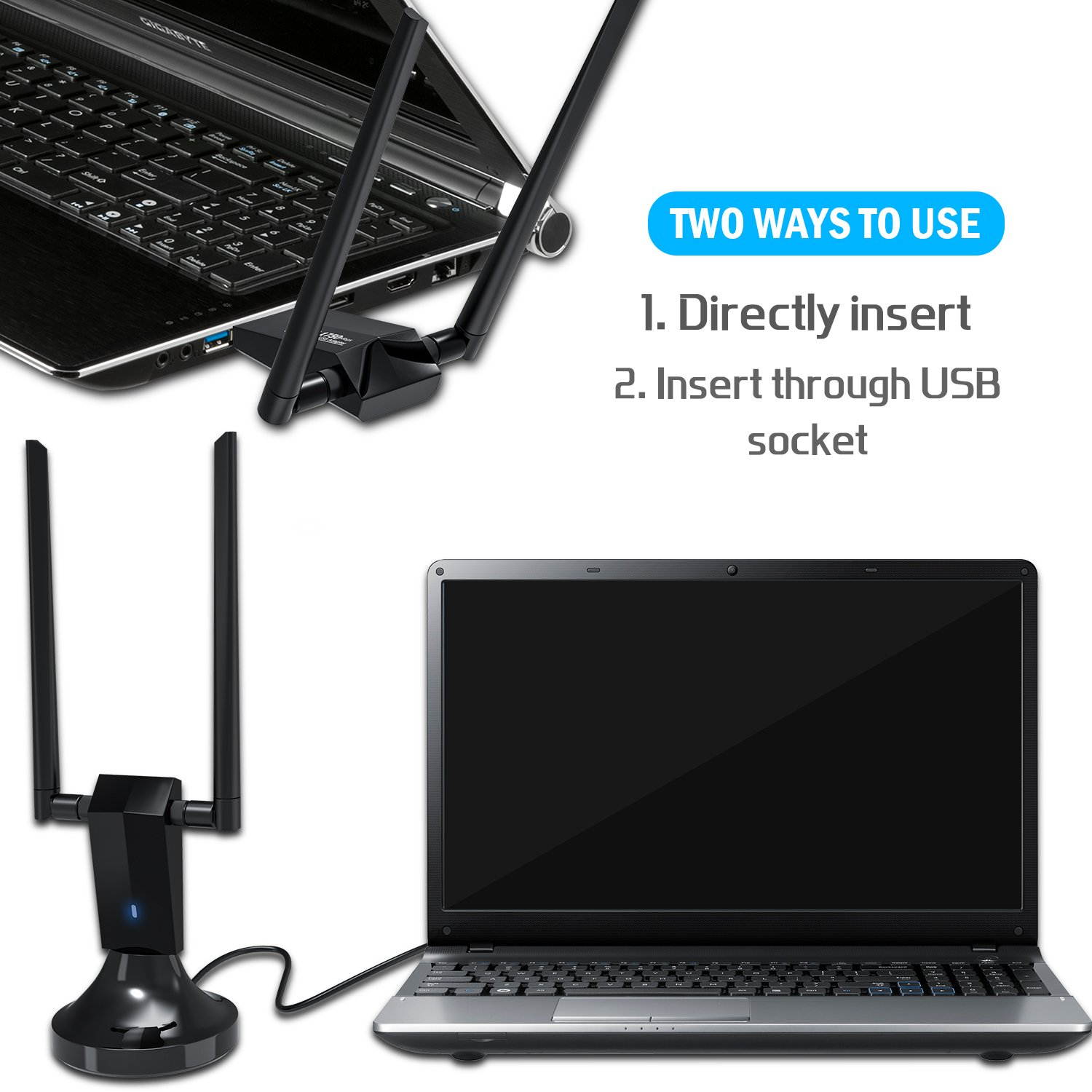 1750Mbps Wireless USB Wifi Adapter, AC1750 Dual Band 2.4GHz/450Mbps 5GHz/1300Mbps wifi Lan Card,802.11 ac/a/b/g/n, Dual High Gain Dual 5dBi Antennas Network dongle for Windows XP/7/8/10,MAC OS X