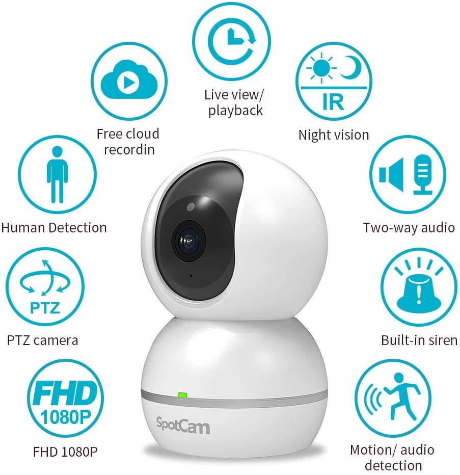 SpotCam Eva 2 Wireless Home Security Camera, 1080p FHD, Indoor, Night Vision, Two-Way Talk, Motion & Sound Alert, PTZ Pan/Tilt, Automatic Human Tracking, with Free Fulltime Cloud Recording