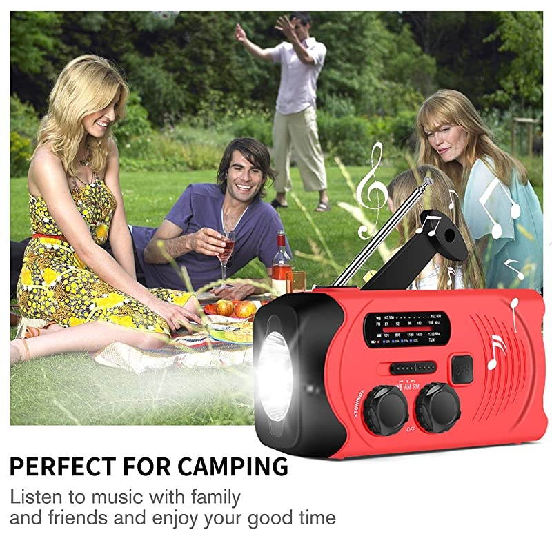 Upgraded Version]  Emergency Weather AM/FM NOAA Solar Powered Wind up Radio with SOS, 2000mAh Power Bank for Cell Phone and LED Flashlight (Red)