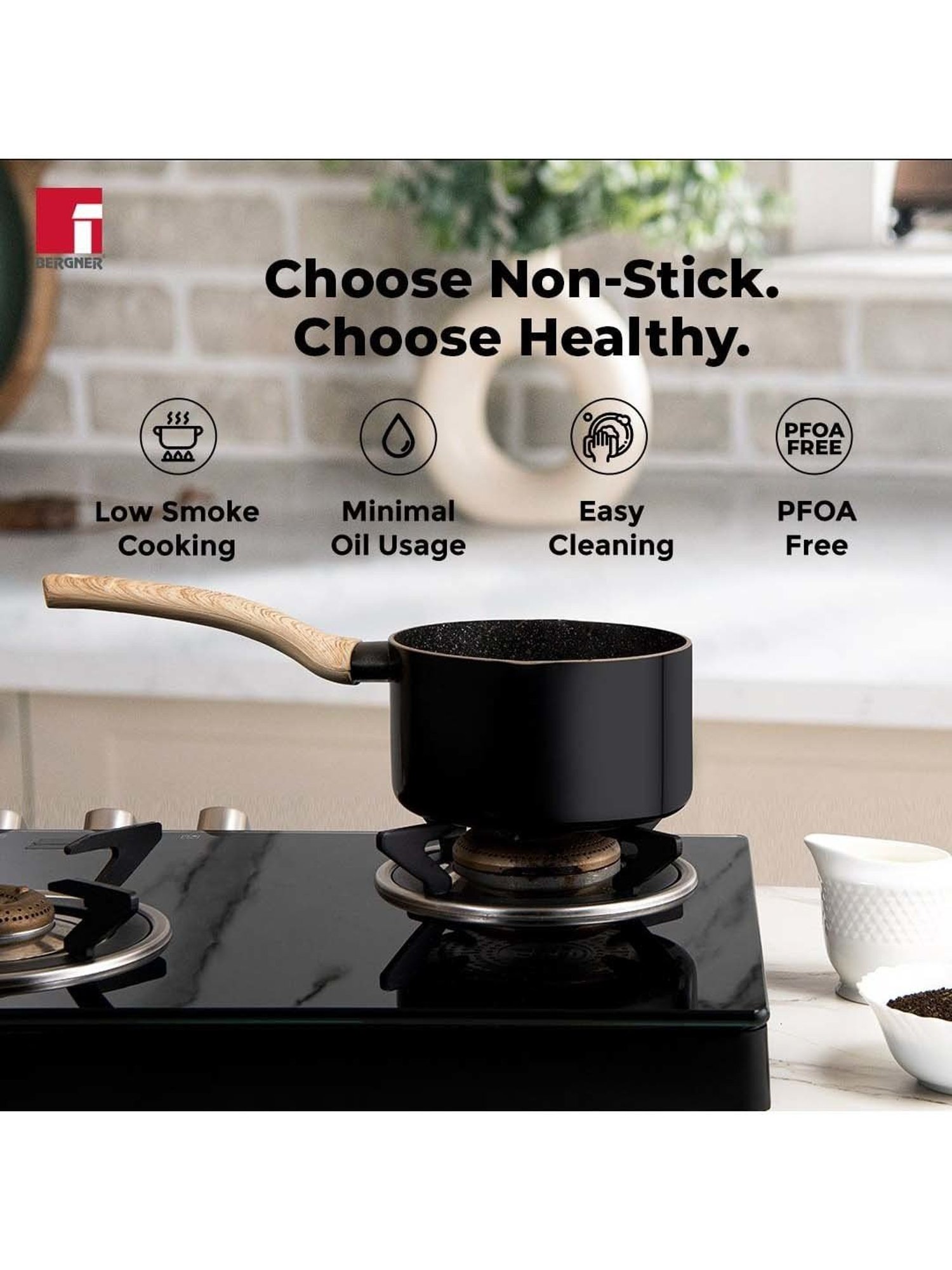 Bergner Bellini & Aura Black 16 cm Induction Saucepan With Wooden Finish Handle (1.8 L)