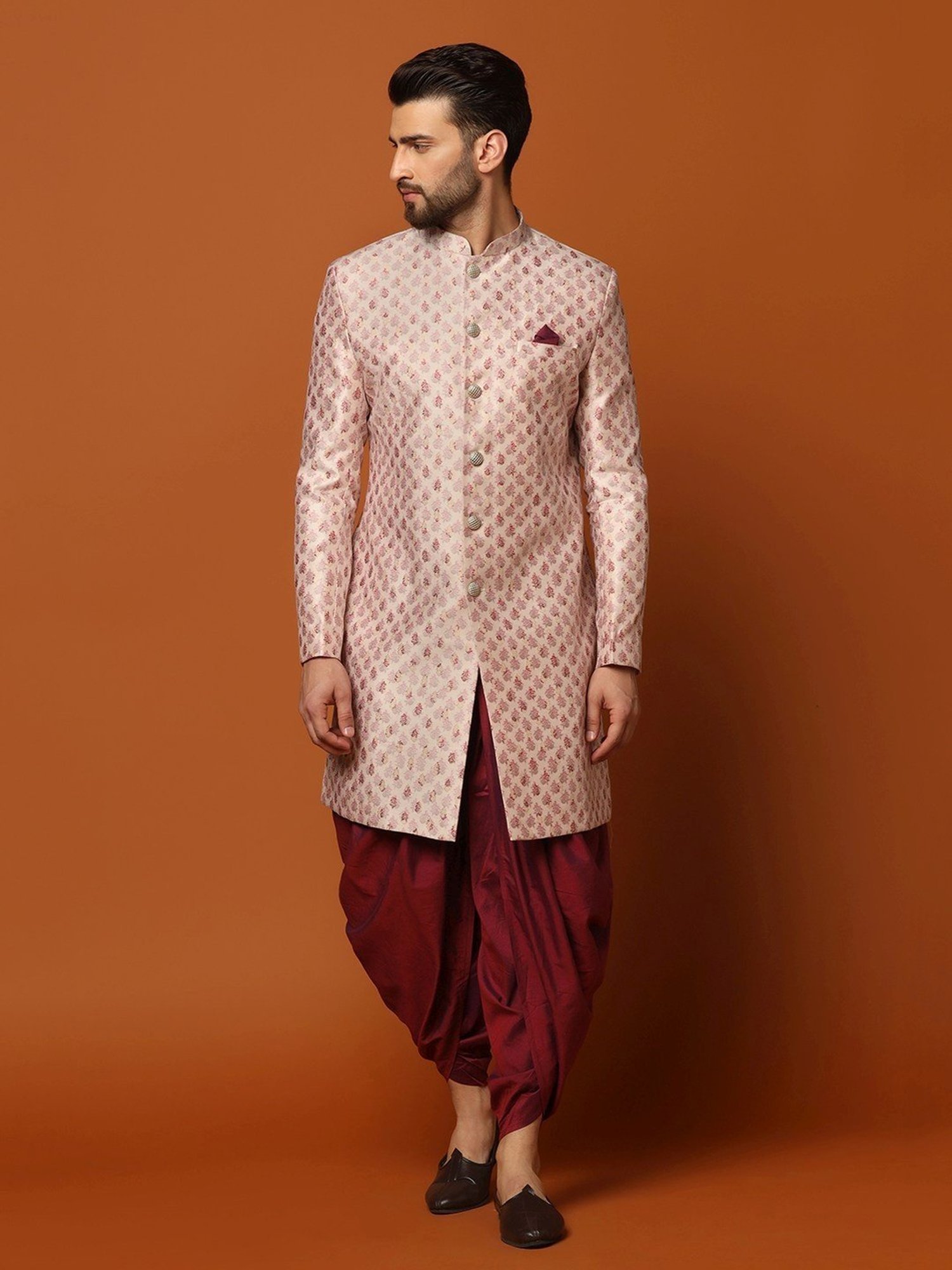 Hangup Plus Beige & Black Regular Fit Printed Sherwani Set