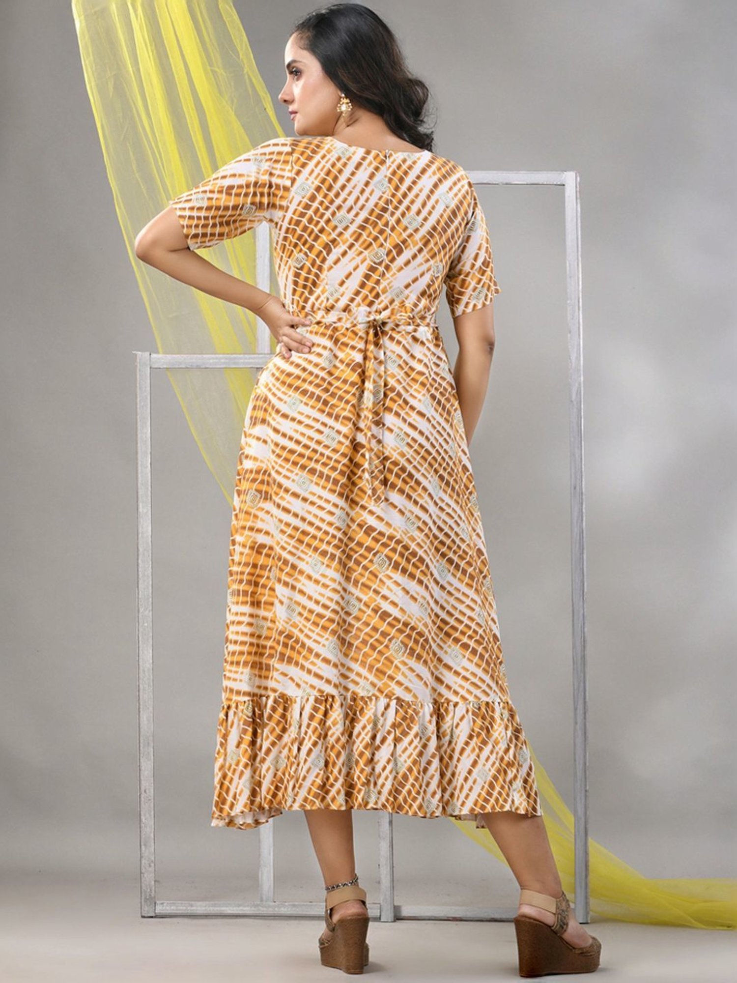 CHARUKRITI Brown & White Printed A-Line Dress