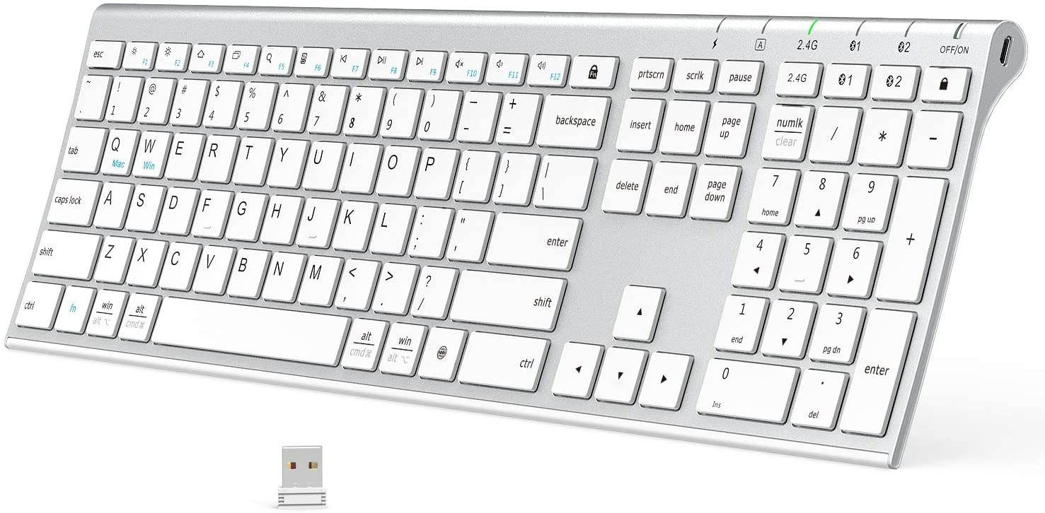 Bluetooth Keyboard, iClever DK03 Wireless Keyboard Multi-Device Keyboard, Dual Mode (Bluetooth 4.2 + 2.4G) Ultra-Slim Full-Size Keyboard for Mac, iPad, Apple, Android, Windows, Connect Up To 3 Devices