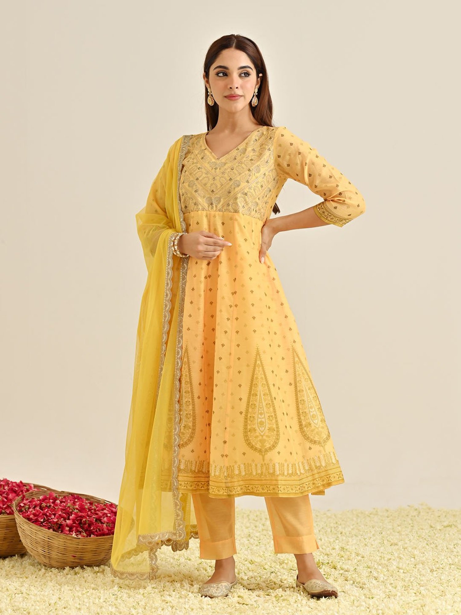 Rustorange Yellow Embroidered Kurta With Pant & Dupatta