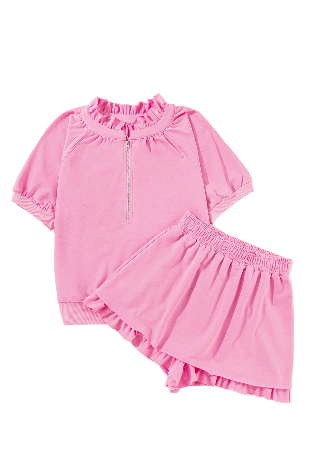 Skobeloff Textured Ruffle Split Top and Drawstring Shorts Set