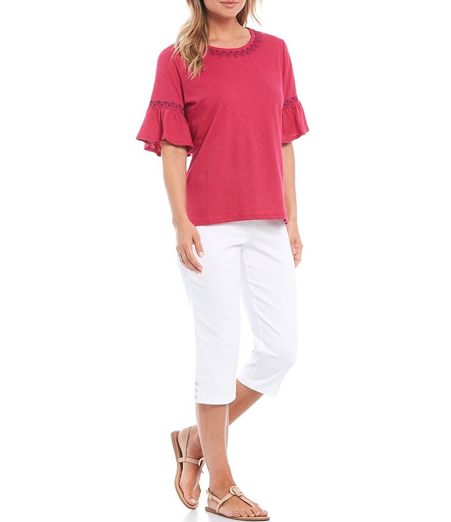 Allison Daley Petite Size Slub Jersey Ruffle Short Sleeve Crew Neck Top